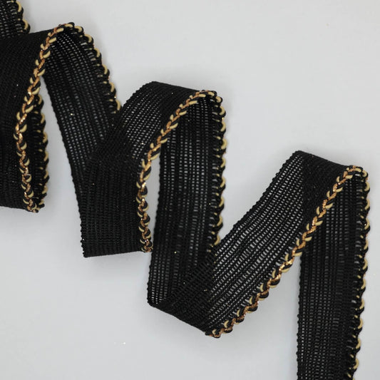 25mm Black Woven Trim w/Gold Edge per/metre
