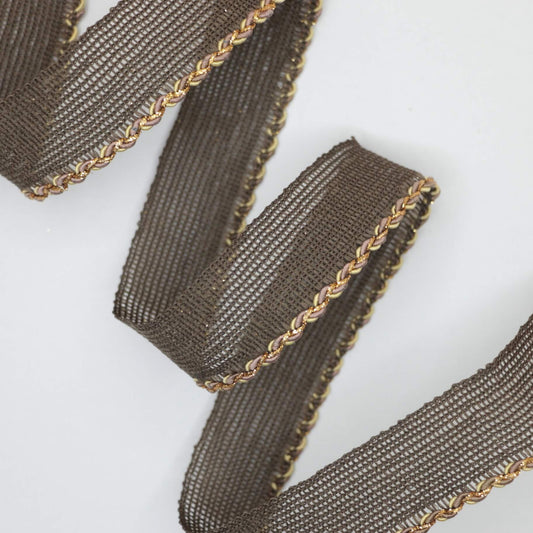 25mm Brown Woven Trim w/Gold Edge per/metre