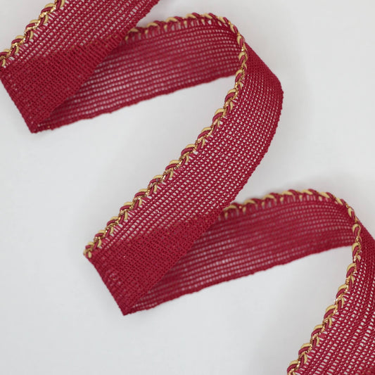 25mm Burgundy Woven Trim w/Gold Edge per/metre