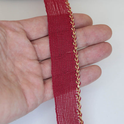 25mm Burgundy Woven Trim w/Gold Edge per/metre