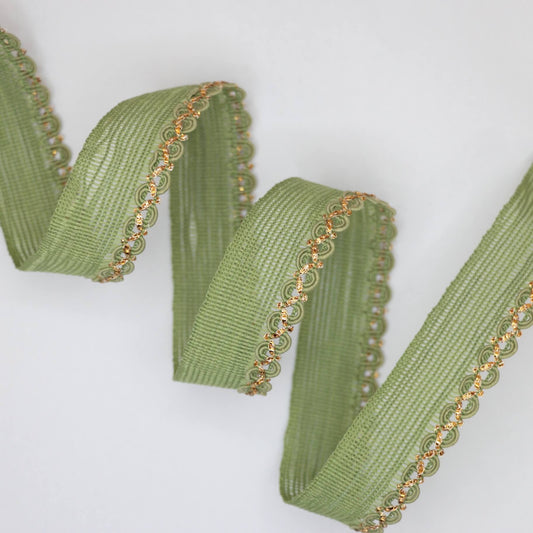 25mm Green Woven Trim w/Gold Edge per/metre