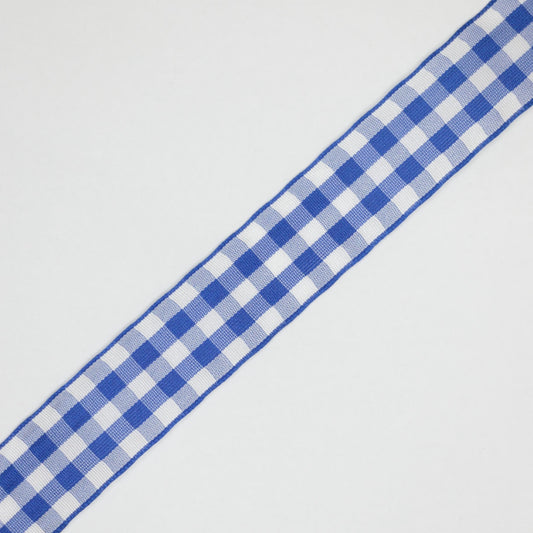 Blue and white checkered ribbon on a light gray background