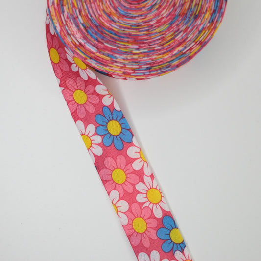 25mm Red Flowers Poly Printed Bias-Binding 1m