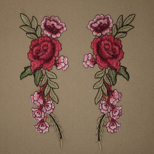 30cm x 12cm Bright Red Floral Embroidered Appliques Pair