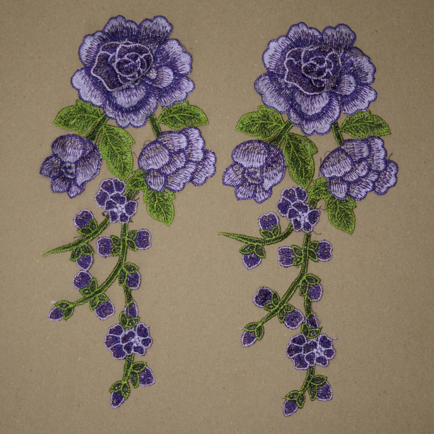 30cm x 13cm Purple Floral Embroidered Applique Pair