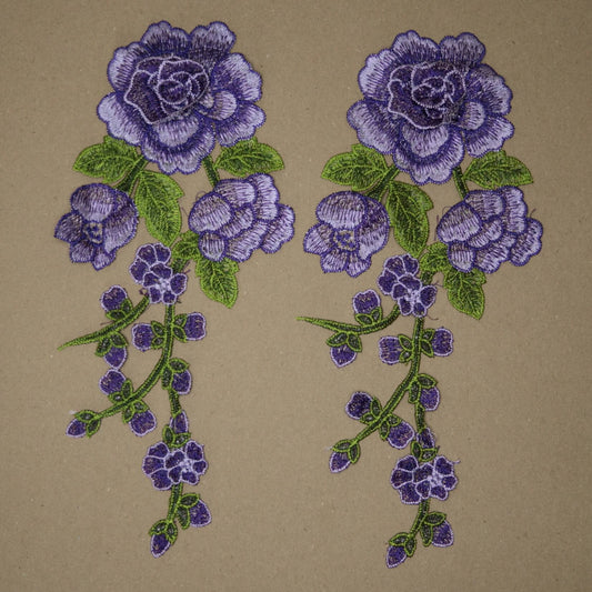 30cm x 13cm Purple Floral Embroidered Applique Pair