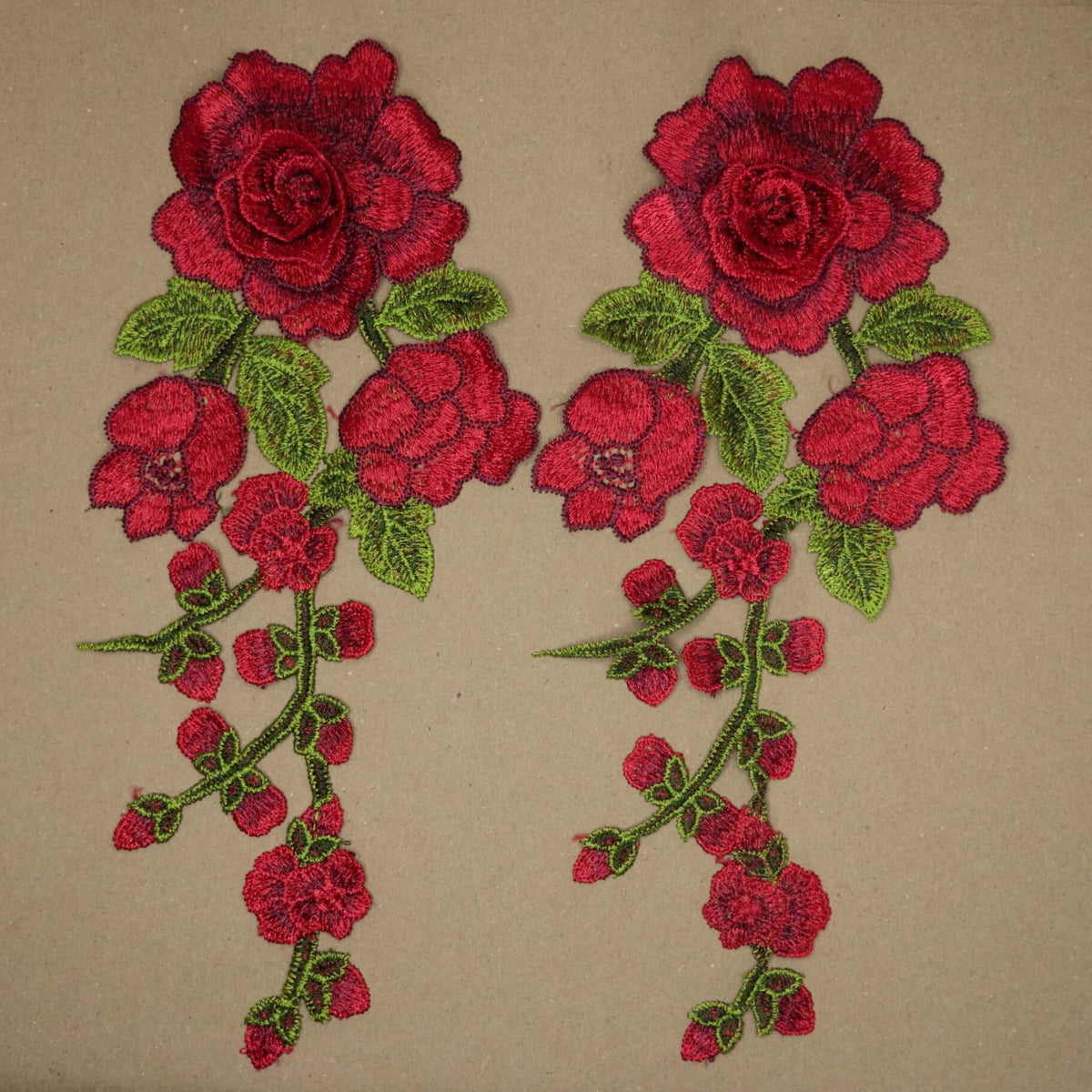 30cm x 13cm Red Embroidered Floral Appliques 2pk