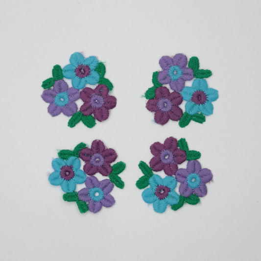 40mm x 40mm Purple Turquoise Small Flower Embroidered Sew-On Motifs 4pk