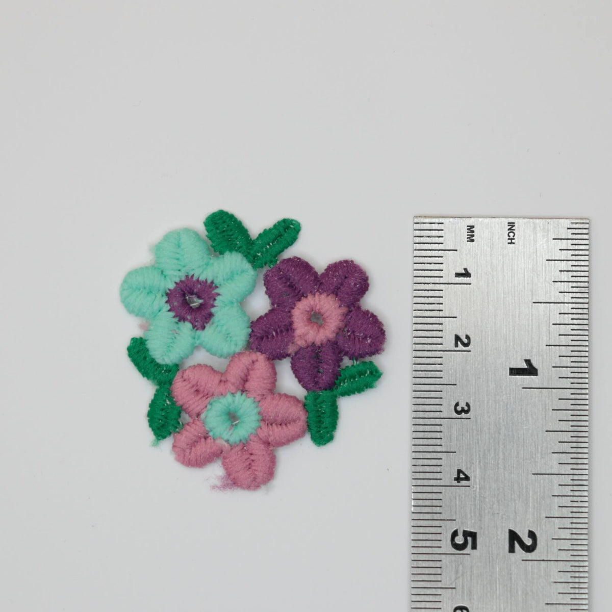 40mm x 40mm Purple, Pink, Blue Small Flowers With Green Leaves Motifs 4pk