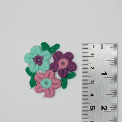 40mm x 40mm Purple, Pink, Blue Small Flowers With Green Leaves Motifs 4pk