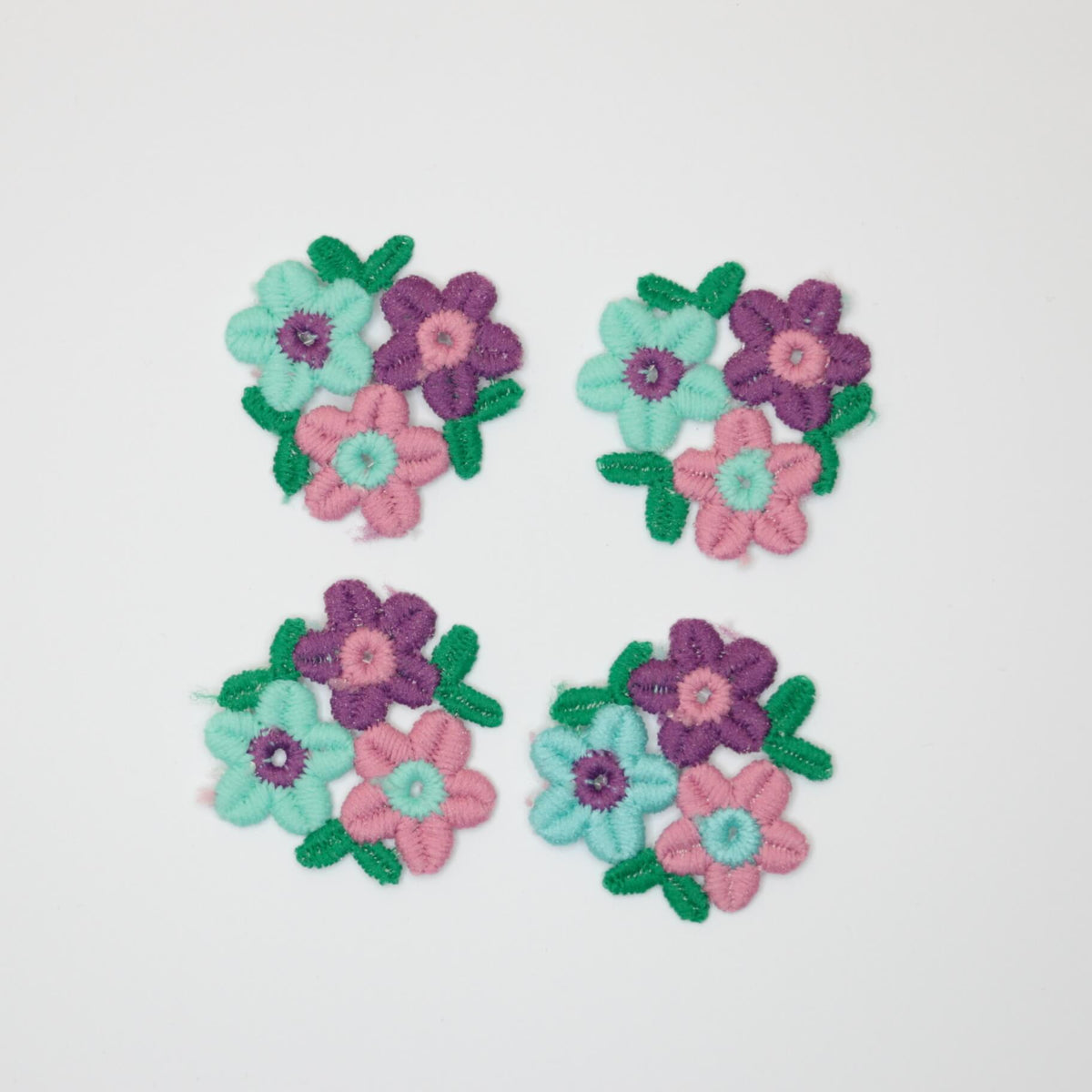 40mm x 40mm Purple, Pink, Blue Small Flowers With Green Leaves Motifs 4pk