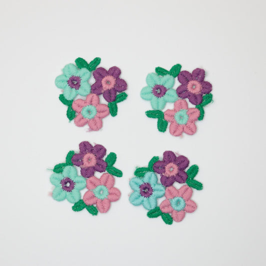 40mm x 40mm Purple, Pink, Blue Small Flowers With Green Leaves Motifs 4pk