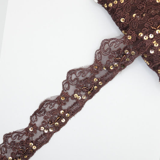 50mm Brown Lace with Beads and Sequins 2m