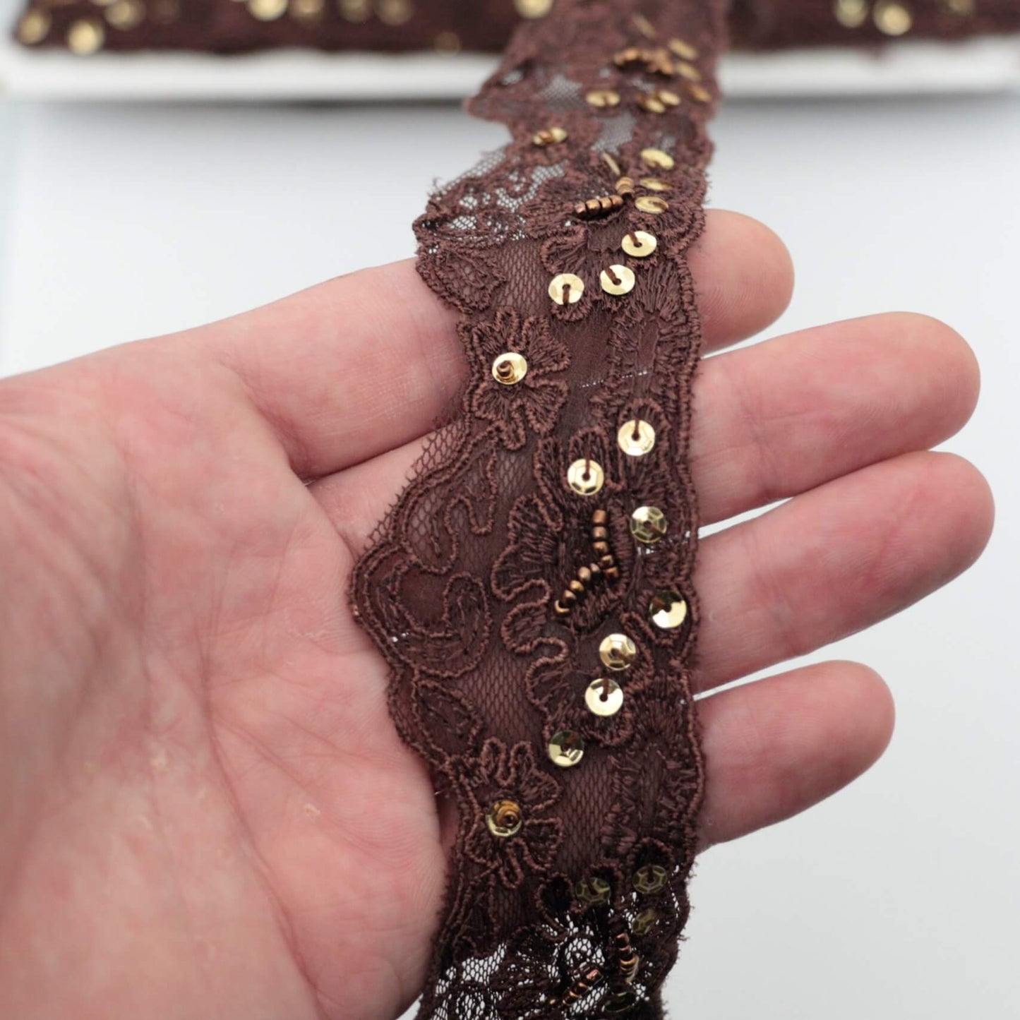 50mm Brown Lace with Beads and Sequins 2m