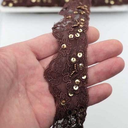 50mm Brown Lace with Beads and Sequins 2m