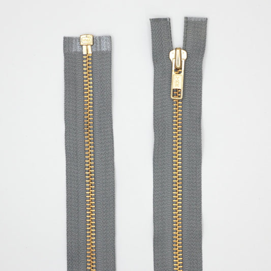 51cm / 20 Inch Mid Grey Open-End Zips with Gold Colour Metal Teeth