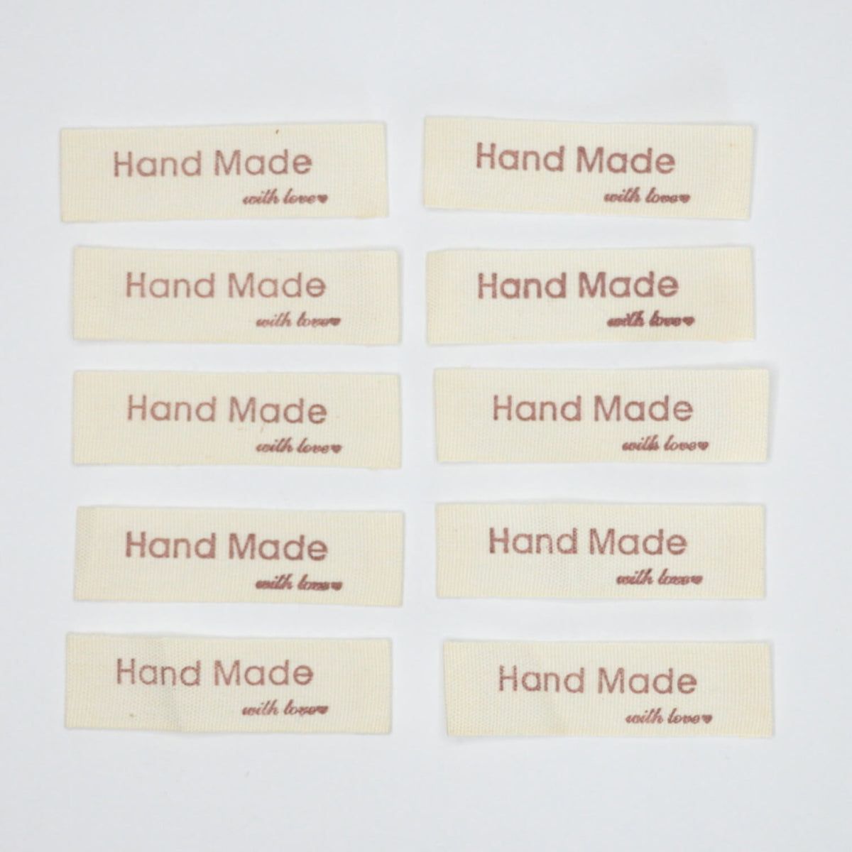 55mm x 15mm Beige Handmade with Love Fabric Labels 10pk