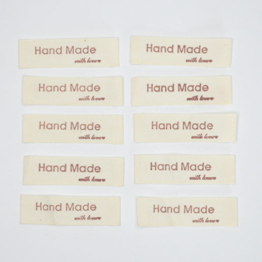 55mm x 15mm Beige Handmade with Love Fabric Labels 10pk