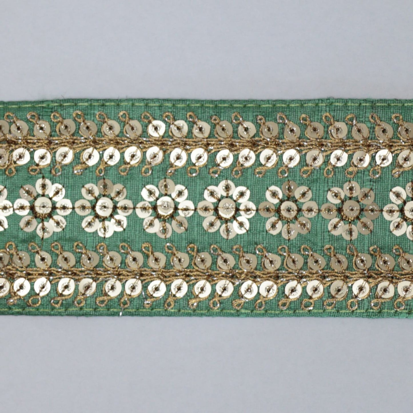 60mm Green/Gold Flower Trim per/metre