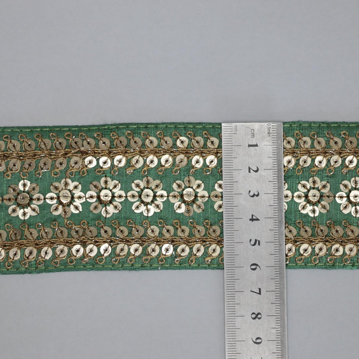 60mm Green/Gold Flower Trim per/metre