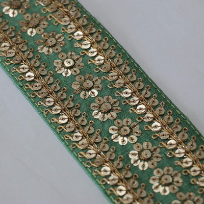 60mm Green/Gold Flower Trim per/metre