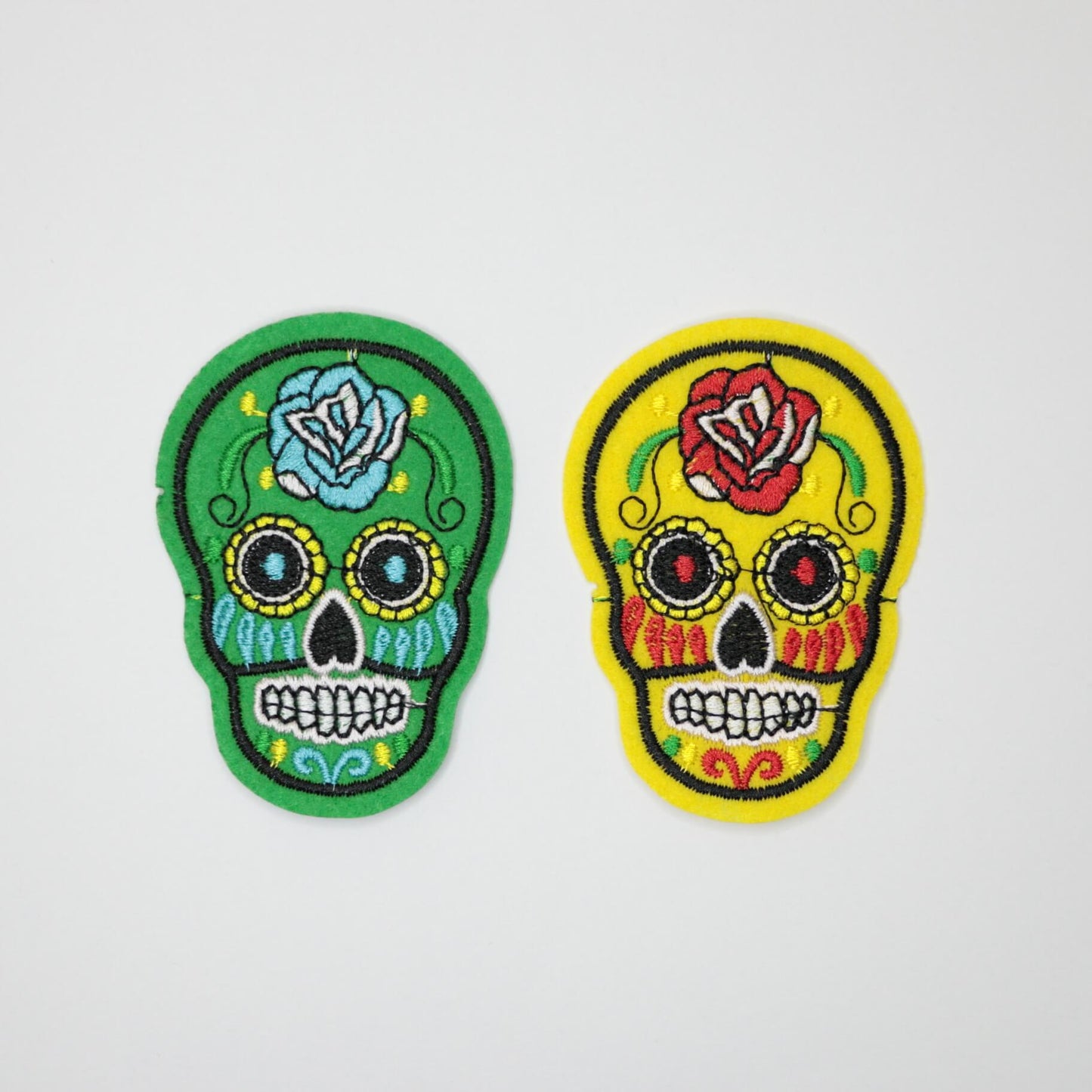 71mm x 53mm Yellow and Green Day of The Dead Skulls Embroidered Iron-On Patches 2pk