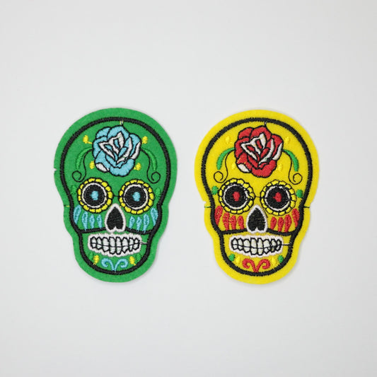 71mm x 53mm Yellow and Green Day of The Dead Skulls Embroidered Iron-On Patches 2pk