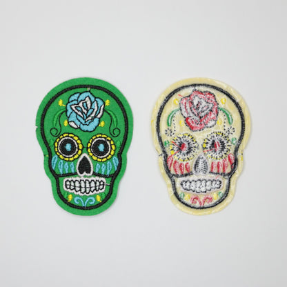 71mm x 53mm Yellow and Green Day of The Dead Skulls Embroidered Iron-On Patches 2pk