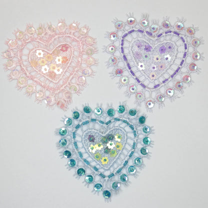 80mm Lilac/Light Pink/Light Turquoise Lace Heart Motifs With Beads & Sequins 3pk