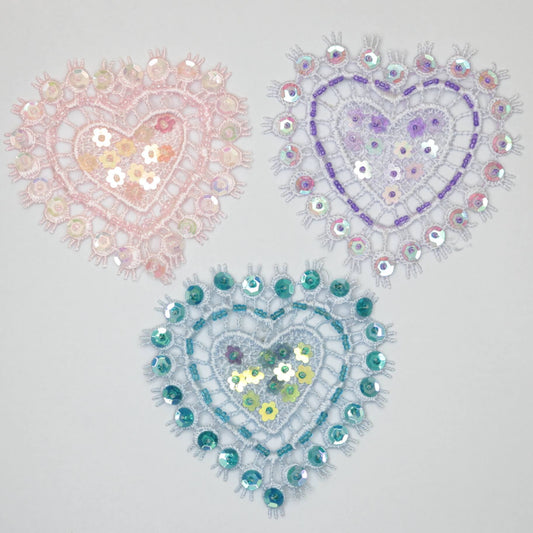80mm Lilac/Light Pink/Light Turquoise Lace Heart Motifs With Beads & Sequins 3pk