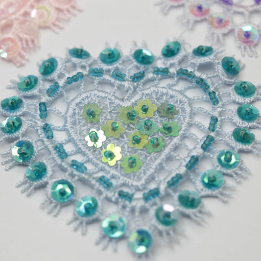80mm Lilac/Light Pink/Light Turquoise Lace Heart Motifs With Beads & Sequins 3pk