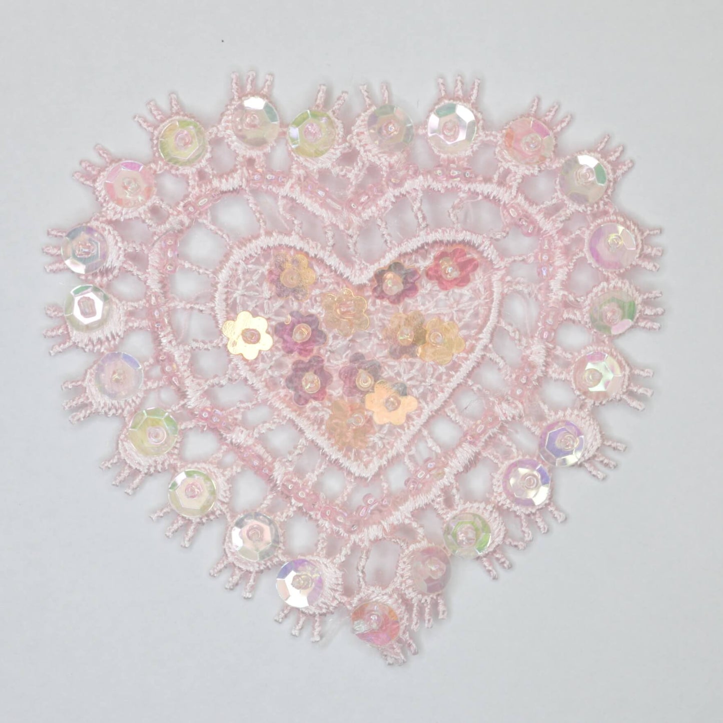 80mm Lilac/Light Pink/Light Turquoise Lace Heart Motifs With Beads & Sequins 3pk