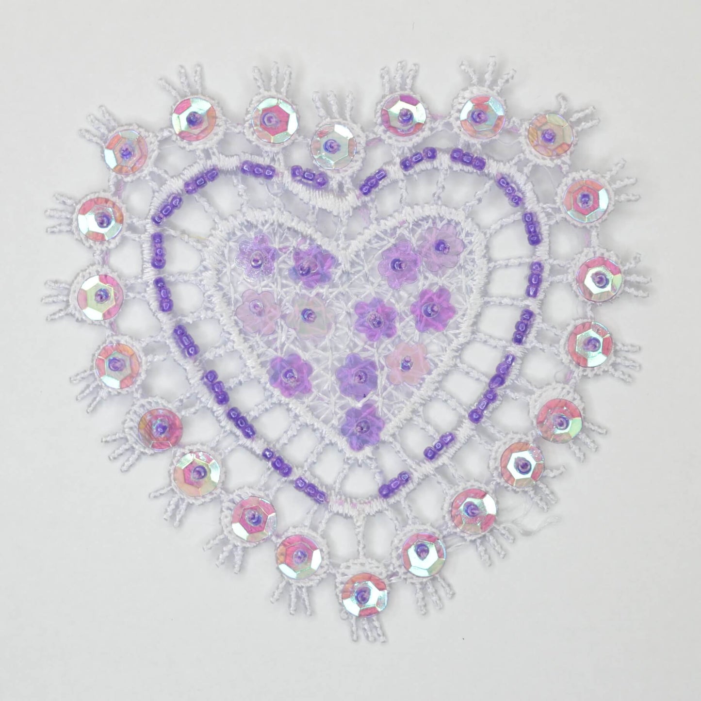 80mm Lilac/Light Pink/Light Turquoise Lace Heart Motifs With Beads & Sequins 3pk