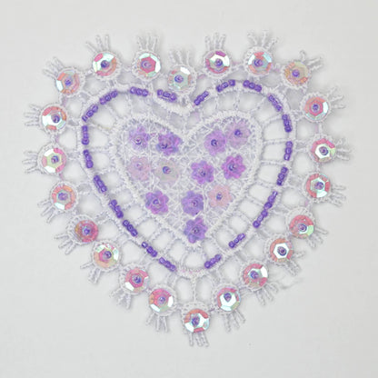 80mm Lilac/Light Pink/Light Turquoise Lace Heart Motifs With Beads & Sequins 3pk