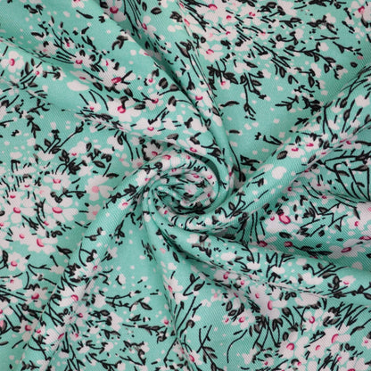 Aqua Floral Cotton Twill per/metre