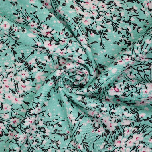 Aqua Floral Cotton Twill per/metre
