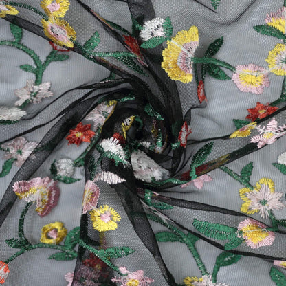 Black Floral Embroidered Mesh per/metre