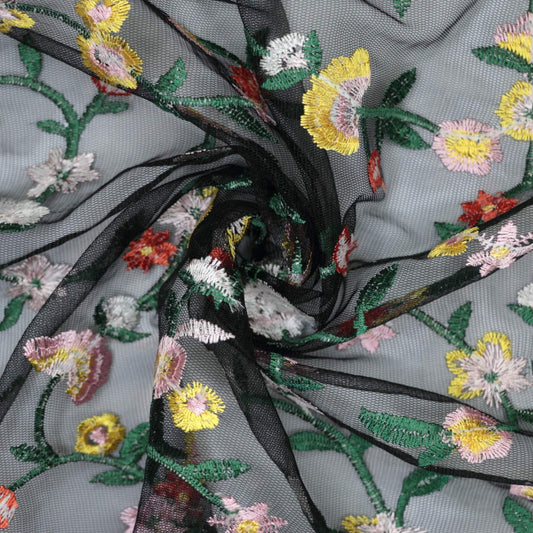 Black Floral Embroidered Mesh per/metre