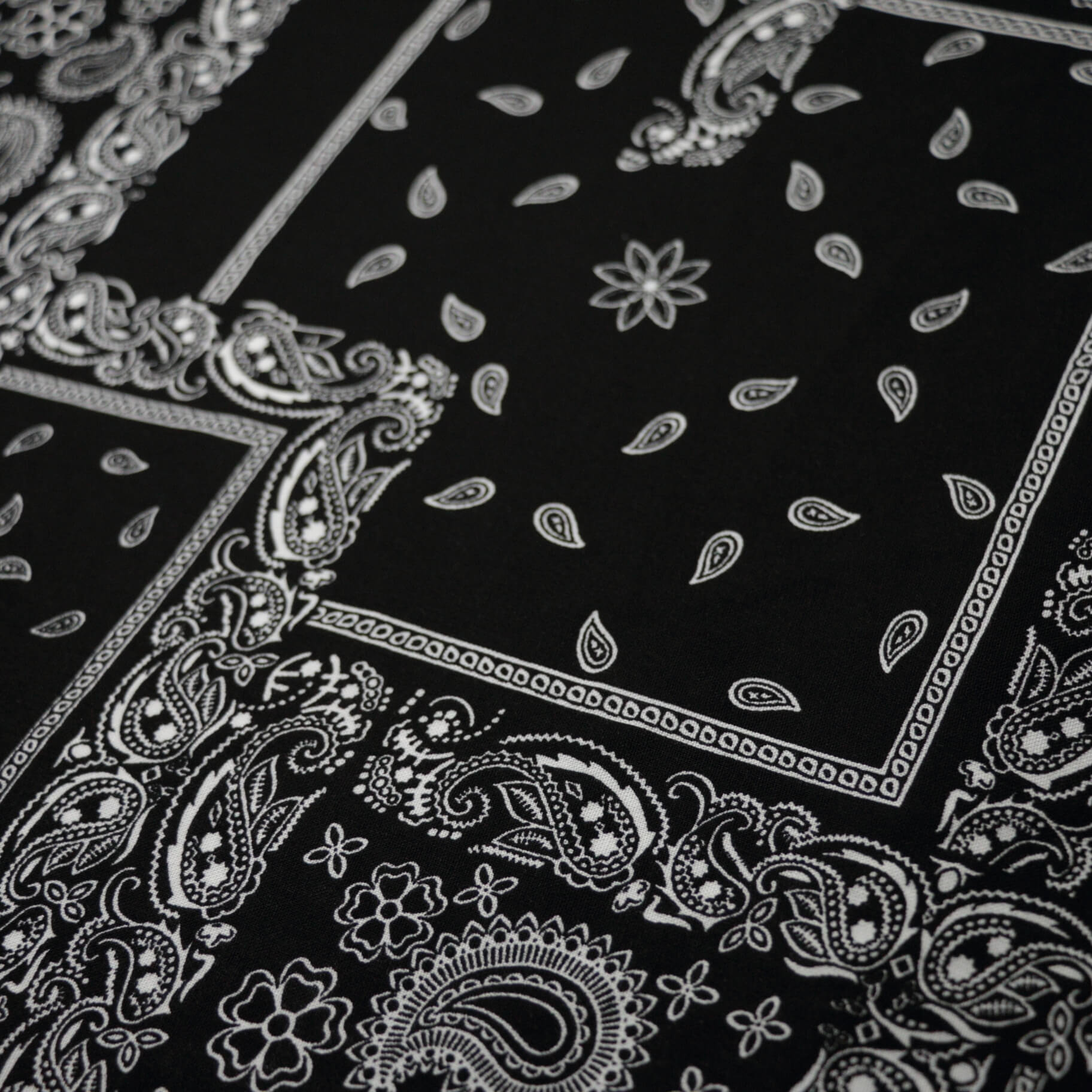 Black fabric with white paisley patterns