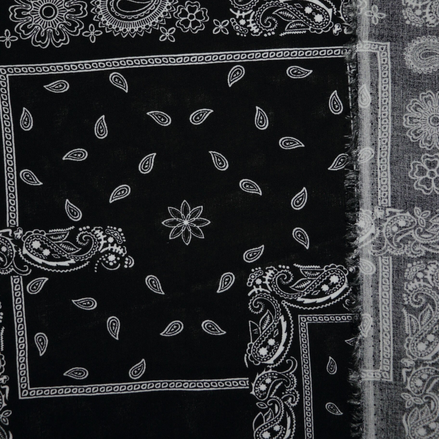 Black fabric with white paisley patterns