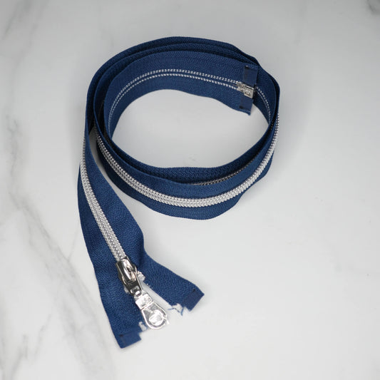 Blue Zipper 80cm - Silver Drop Shape Zipper Pull