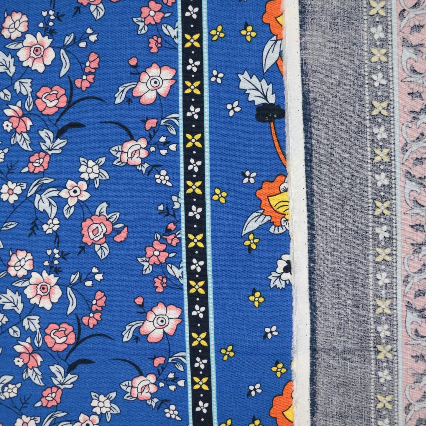 Blue Floral Border Print 100% Viscose per/metre