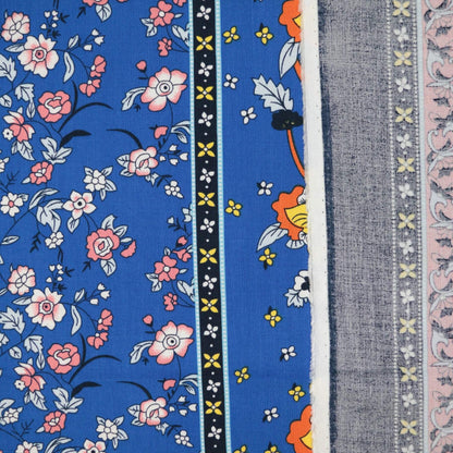 Blue Floral Border Print 100% Viscose per/metre