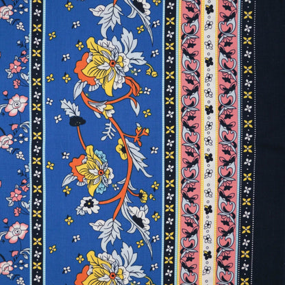 Blue Floral Border Print 100% Viscose per/metre