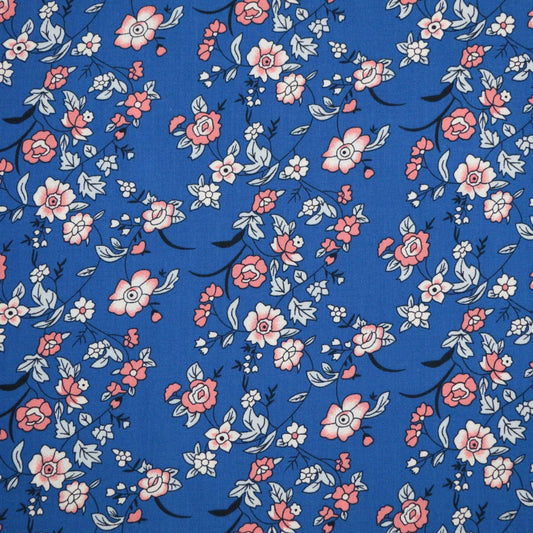 Blue Floral Border Print 100% Viscose per/metre