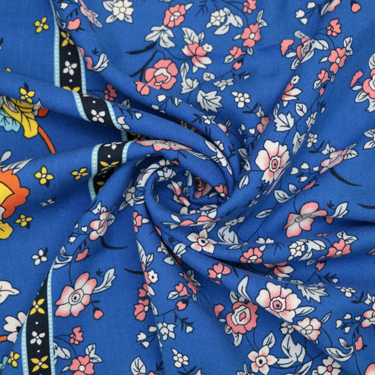 Blue Floral Border Print 100% Viscose per/metre