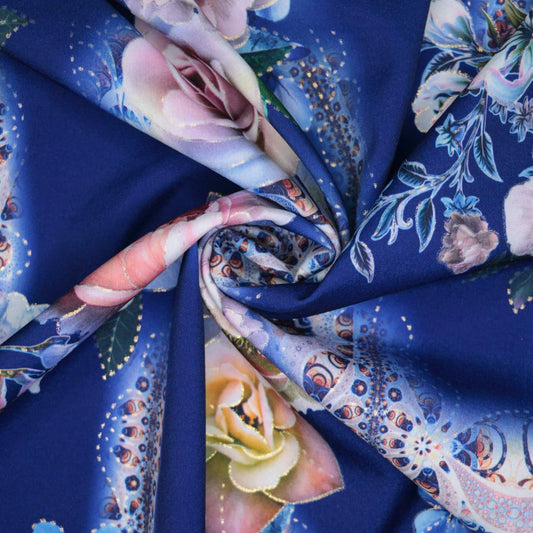 Blue Floral Polyviscose 1m