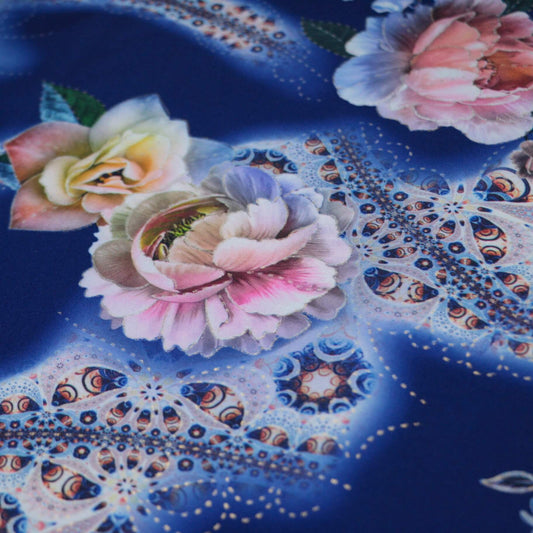 Blue Floral Polyviscose 1m