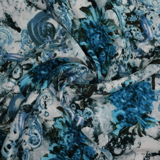 Blue Flowers & Shells 100% Viscose per/metre