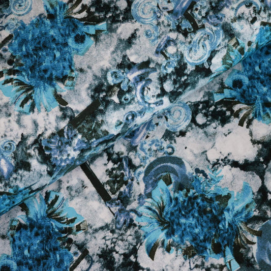Blue Flowers & Shells 100% Viscose per/metre